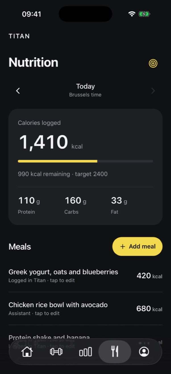 Nutrition screen with calories left today and logged meals