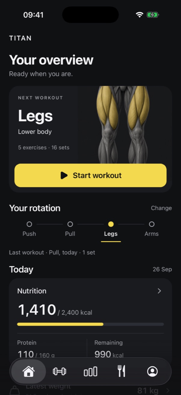 Home screen with the next workout, the rotation and today's calories